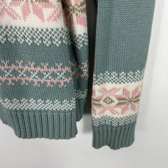 Koret Vintage Sweater Womens L Fair Isle Green Snowflake Nordic Ribbed 1/4 Zip - Picture 6 of 10